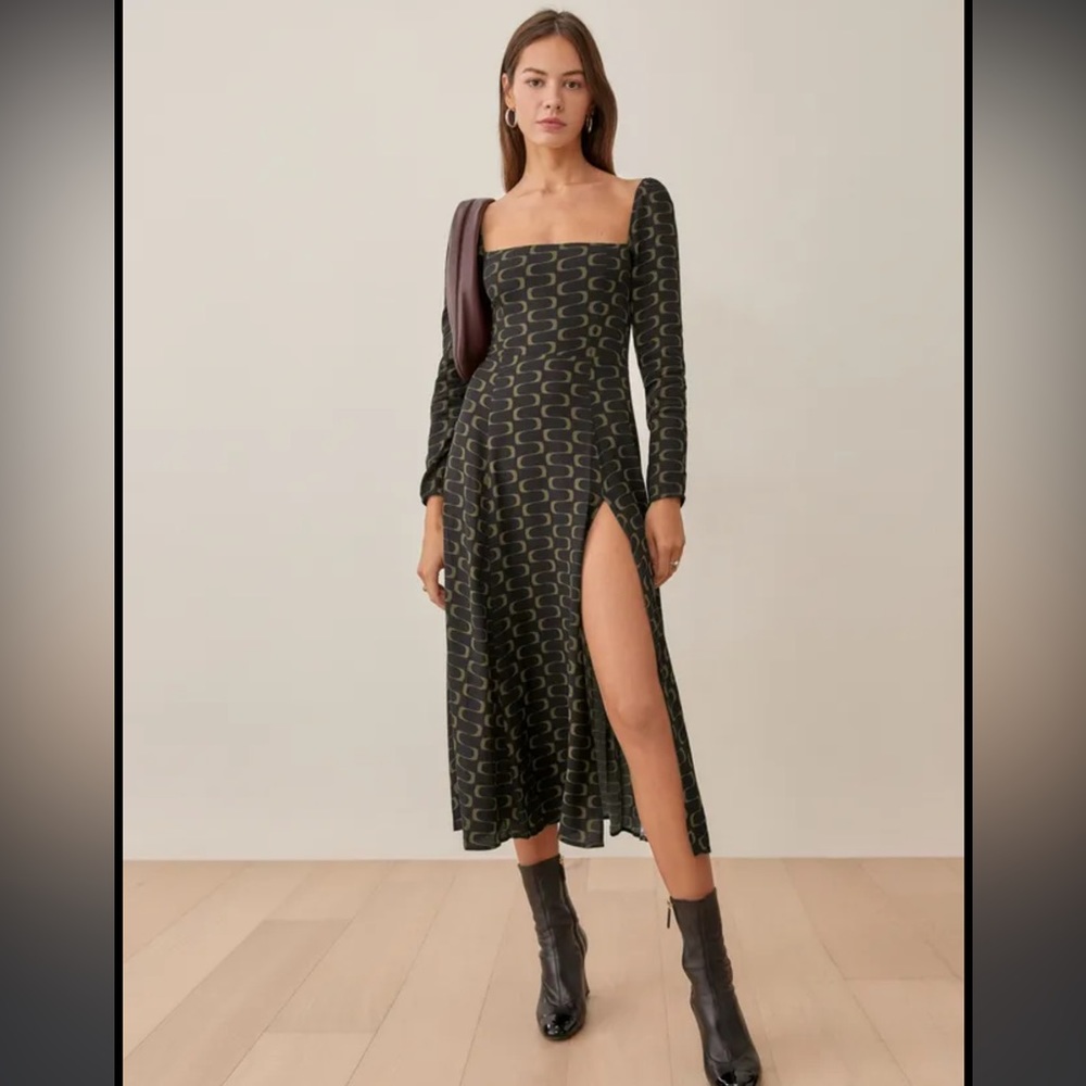 Reformation Black Midi Dress with Wave Print